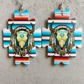 Aztec sunflower PU leather earrings with western cowboy bull skull and feather print - Bull Skull Bohemian Pattern (1)