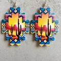 Close-up of Western style faux leather earrings with Aztec sun and desert sunset print - Desert Sunset Cactus Pattern (2)