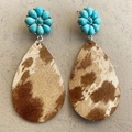Bohemian western earrings with turquoise flower studs and cow print teardrop charms - Brown and White Texture Style (2)