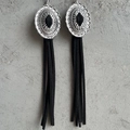 Retro silver alloy earrings with black faux leather tassels in Western cowboy style - Antique Silver Black Tassel