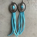 Bohemian retro silver alloy earrings with sky blue long faux suede tassels for women - Antique Silver Sky Blue Tassel