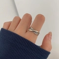 Anillo doble cruzado de plata S925 retro con bandas lisas y texturizadas - Abierto Ajustable / Cruz de Tres Líneas (1314)