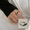 Anillo abierto ajustable de plata S925 con esmalte rectangular negro para mujer - Abierto Ajustable / Anillo Rectangular Negro (402)