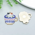 Detail showing enamel cat in coffee cup charms for DIY jewelry making and crafts - KC Gold Base Cat in Flower Cup