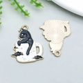 Detailed front and back view of a black cat on moon cup enamel alloy pendant - Black KC Gold Enamel Cup Cat