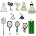 White enamel badminton shuttlecock and racket alloy pendant set for DIY jewelry - Mixed Sports Series