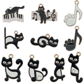 Set of 10 enamel cat and musical note charms for DIY jewelry making in black and white - Assorted 10-Piece Set (SN1614)