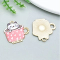 Cat in pink coffee cup alloy pendant with golden metallic back for DIY jewelry - KC Gold Base White Cat in Pink Cup