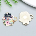 Cartoon enamel cat coffee cup pendant charms with floral pattern for DIY jewelry - KC Gold Base Black Cat in Flower Cup