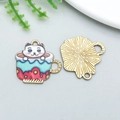 Enamel cat in coffee cup charm with golden metallic back for DIY jewelry making - KC Gold Base White Cat in Cup