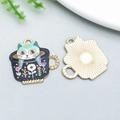 Cartoon cat and coffee cup enamel alloy pendant with textured golden metal back - KC Gold Base Green Cat in Flower Cup