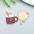 Enamel pumpkin lover coffee cup charm with purple finish and golden metal backing - Red Brown Enamel Thanksgiving LOVE Drink Cup
