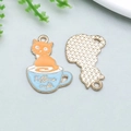 Orange kitten in light blue coffee cup charm made of enamel alloy with double hanging rings - Orange Cat in Blue Tea Cup