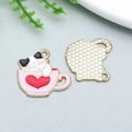 Pink enamel cup cat charm for DIY jewelry with golden borders and diamond texture back - White Cat in Pink Tea Cup