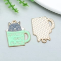 Mint green cat coffee cup enamel pendant with gold textured back for DIY jewelry - Gray Cat in Green Tea Cup