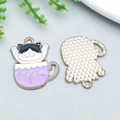 Front and back view of a black cat in a purple coffee cup enamel alloy pendant charm - White Cat in Purple Tea Cup