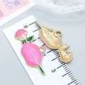 Macro shot of rose flower enamel pendants showing front and back with size measurements - Pink Lip Biting Rose Style (21189)