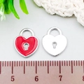 Silver heart lock alloy pendant with red enamel finish and engraved keyhole detail - Heart Lock (21900) / 1 Piece (11x13mm) / Red