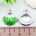 Green and white enamel scallop charm with silver base and top loop for DIY jewelry - Shell (21932) / 1 Piece (16x17mm) / Green