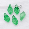 Five translucent green glass leaf pendants with intricate vein details for DIY jewelry - Transparent Green