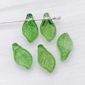 Five pieces of translucent green glass leaf beads with leaf vein texture and drill holes - Transparent Dark Green