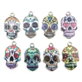 Set of 8 colorful Halloween skull charms in Día de los Muertos style for jewelry making - Mixed Color Skull Pendants Set (SN461)