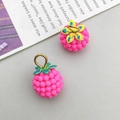 Vibrant rose pink raspberry pendant with golden loop and green leaf for DIY jewelry - Raspberry Knit Charm (16413) / 1 Piece (12x17mm) / Rose Red