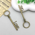 Antique bronze alloy skeleton key pendant with Love lettering for DIY jewelry - Slender Vintage Key (3674) / 10x78mm