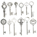 Set van 12 vintage antiek zilveren sleutelhangers in diverse vormen voor DIY-sieraden - 12-Delige Mix Antiek Zilver Grote Sleutels - SN306