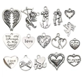 15pcs set of antique silver alloy heart and angel wing charms for DIY jewelry making - Wedding Theme Mix (SN309)
