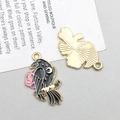 Halloween crow pendant with black enamel, pink rose and gold moon star details - Enamel Left Flower Crow Style (16646)
