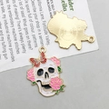 DIY jewelry charm with skeleton head design and pink rose enamel finish for Halloween - White KC Gold Enamel Halloween Rose Skull (22x30mm-2.7g-18162)