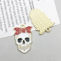 Halloween cartoon skull pendant with red polka dot bow and golden alloy back - White Enamel Skull Girl (18168)