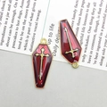 Halloween coffin pendants in dark red enamel with golden cross and hanging rings - Coffin Red Gold Cross (15052)