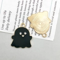 Ghost Halloween charm with black enamel front and gold metal back for DIY jewelry - Black Cute Ghost (15129)