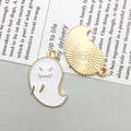 Ghost-shaped Halloween pendant with white enamel finish and gold metal textured back - White Scary Little Ghost (15132)