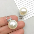Silver-plated pearl charm with sparkling rhinestones for DIY jewelry and necklaces - White K ABS Pearl Rhinestone Loop 14mm