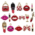 15-piece red enamel and alloy fashion charm set with lipstick, bows, and heels for DIY jewelry - Mixed Style (SN201)