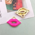 Lip-shaped alloy pendant with pink enamel finish and golden hollow design for DIY crafts - Rose Red Mouth (11975)