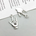 Detailed close-up of antique silver-tone hand gesture charms with top hanging loops - Ancient Silver I Love You Gesture / 12*21mm
