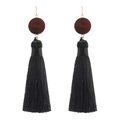 Retro bohemian long black tassel earrings with dark red-brown wooden beads on white background - Black Tassel Wood Piece (ZJ2559)