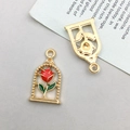 Golden alloy heart rose pendant with vibrant red enamel flower and green leaves - Arch Red Rose (12297)