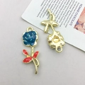 DIY rose heart charm in blue and red enamel with a polished golden metal base finish - KC Gold Base Blue Rose (15956)