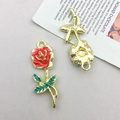 DIY jewelry charm pair with red enamel rose flowers and golden metal stems - KC Gold Base Red Rose (15957)
