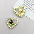 Golden heart pendant with white pearls and a black rose enamel design for DIY jewelry - KC Gold Pearl Heart Rose Black (15959)