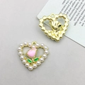 Enameled pink rose and white pearl heart charms in golden alloy for DIY jewelry - KC Gold Pearl Heart Rose Pink (15960)