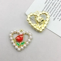 Heart-shaped rose flower charms with white faux pearls and gold enamel detailing - KC Gold Pearl Heart Rose Red (15961)