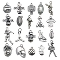 Antique silver plated alloy sports charms variety set including baseball and rugby pendants - Mixed 20 Style Sports Series