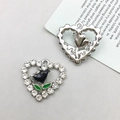 Silver heart charms with rose center and rhinestones for DIY jewelry making - White K Rhinestone Heart Rose Black (15963)