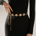 Close-up of golden vintage floral waist chain with adjustable links and tassel detail - Matte Texture 3D Five-petal Flower (ZJ15710)